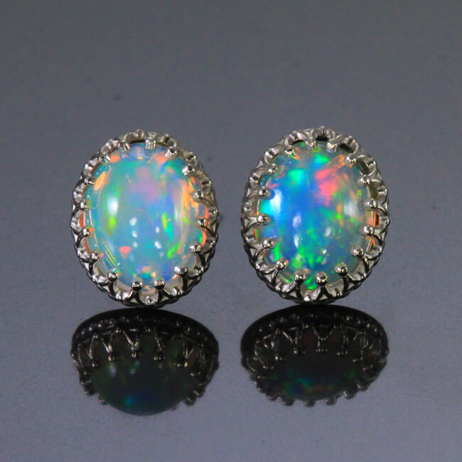 14K White Gold Oval Cabochon Opal Stud Earrings