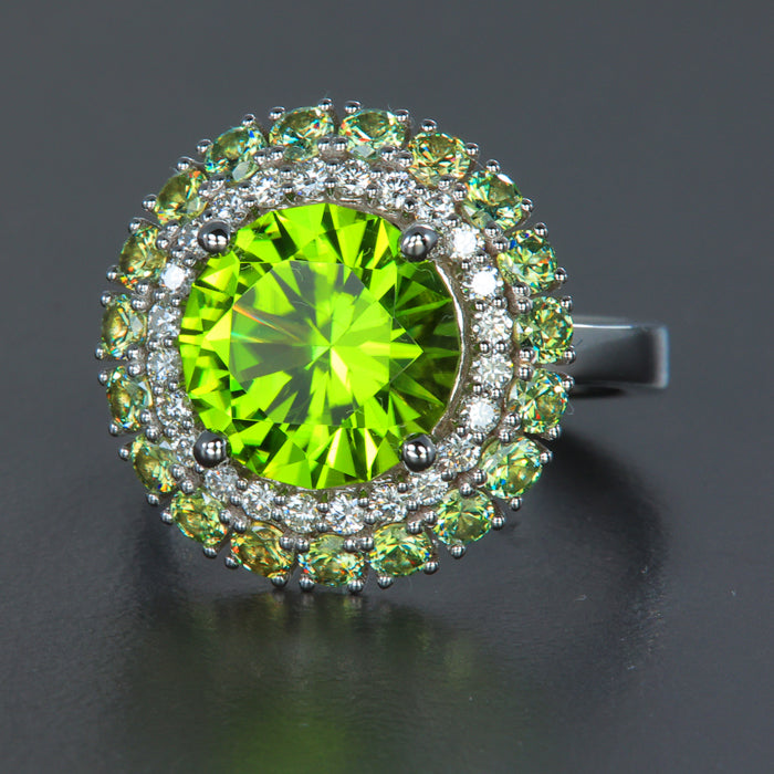 White Gold Round Peridot, Demantoid Garnet Diamond Halo Ring