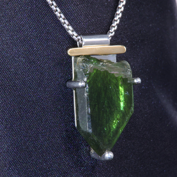 Sterling Silver and 14K Yellow Gold Peridot Crystal Pendant 37.06 Carats