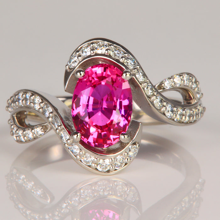 Platinum Oval Pink Sapphire and Diamond Ring 2.55 Carats - Moriartys Gem Art