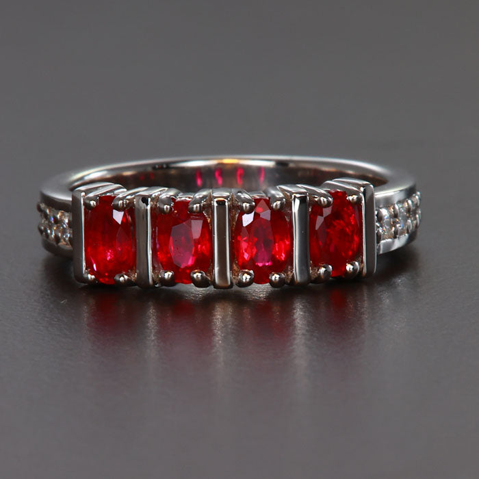 Platinum Four Oval Stone Ruby Ring 