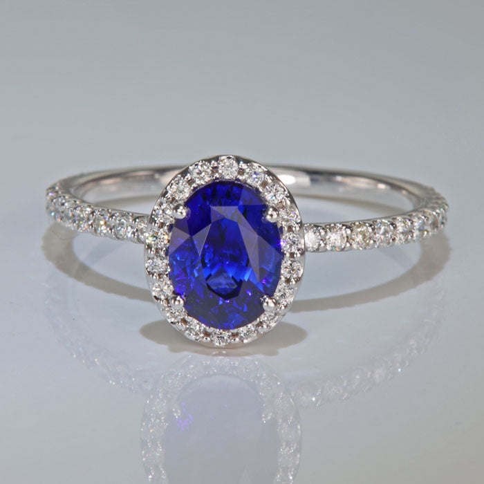 Oval Blue Sapphire and Diamond Halo Ring 