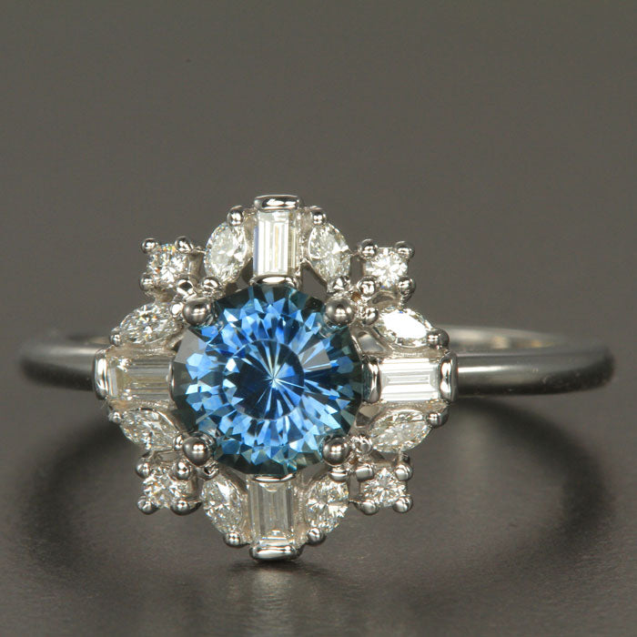 14K White Gold Steel Blue Montana Sapphire and Diamond Ring 1.38 Carats