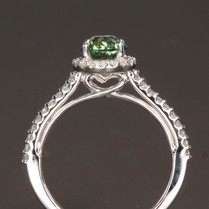 14k White Gold Round Green Montana Sapphire Ring with Diamond Halo 1.36 Carats