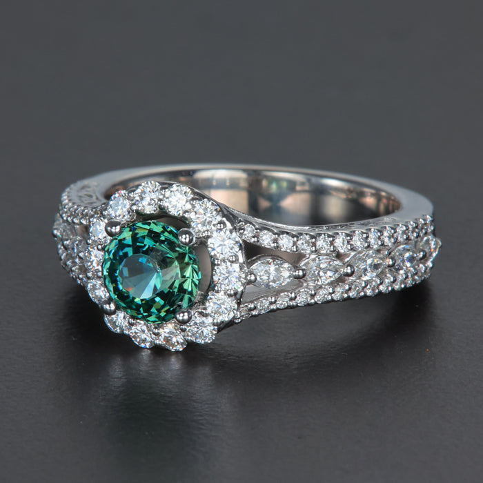 14K White Gold Montana Sapphire and Diamond Halo & Diamond Shank Ring 1.45 Carats