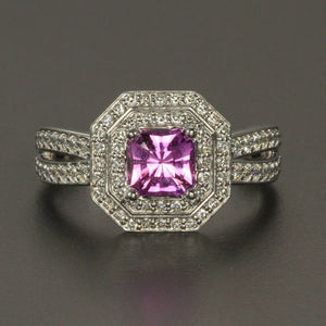 White Gold Pink Sapphire and Diamond Halo Ring