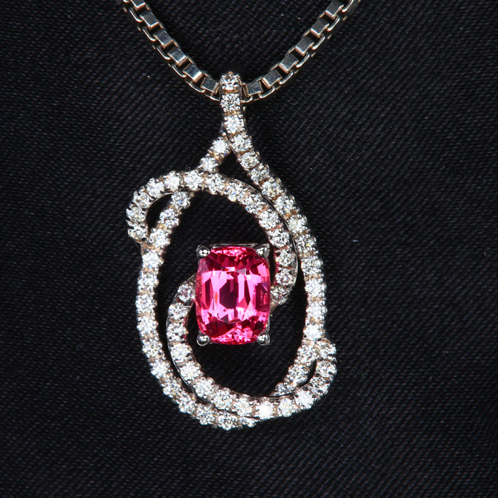  White Gold Pink Spinel and Diamond Swirl Pendant