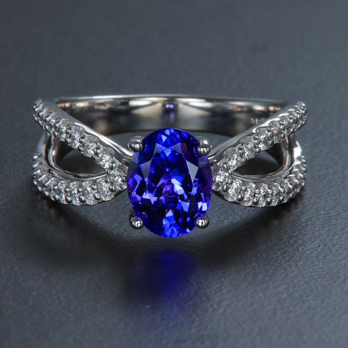 White Gold Oval Tanzanite and Diamond Shank Ring
