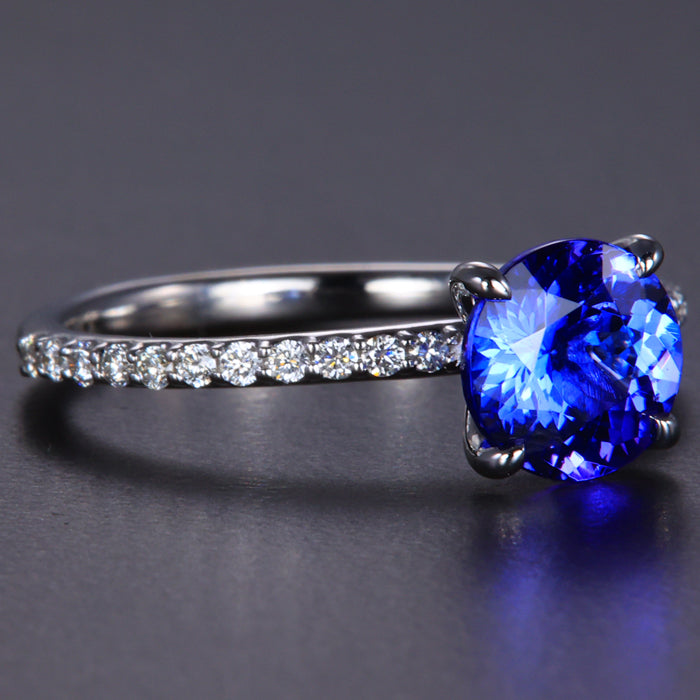 14K White Gold Round Tanzanite Ring wtih Diamond Shank 1.78 Carats