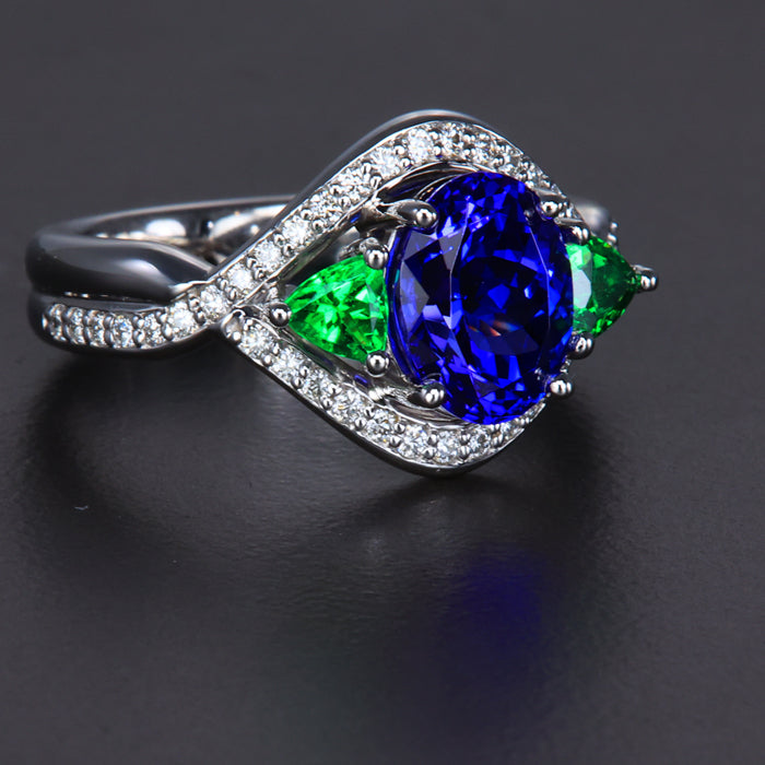 14K White Gold Tanzanite, Tsavorite Garnet and Diamond Ring 2.43 Carats