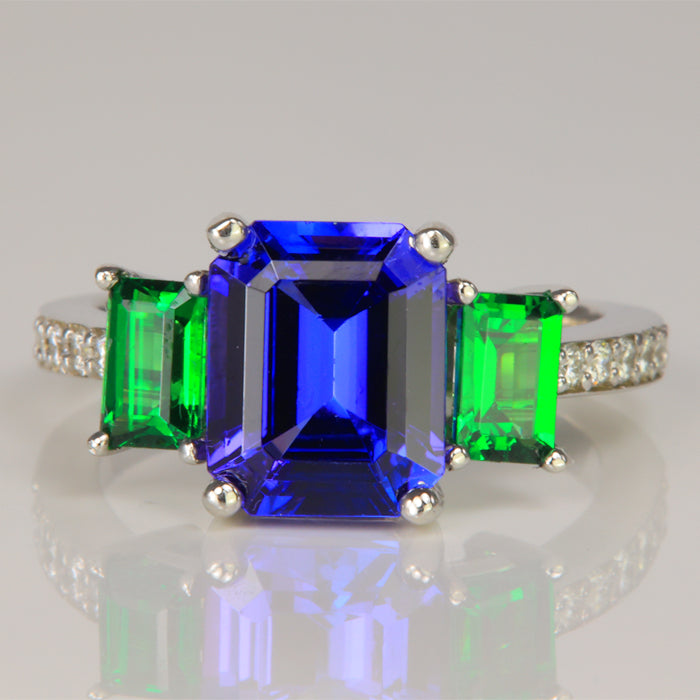 Emerald Cut Tanzanie and Tsavorite Ring