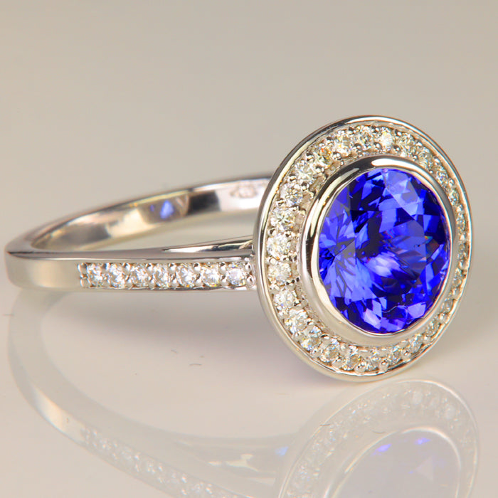 14K White Gold Tanzanite and Diamond Halo Ring 2.88 Carats
