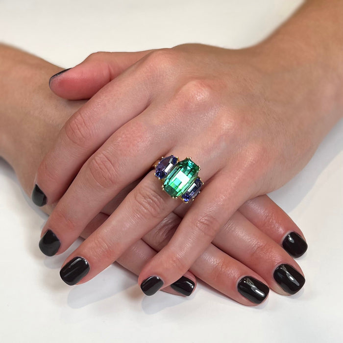 18K Yellow Gold Tourmaline and Tanzanite Ring 12.12 Carats