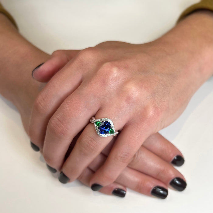 14K White Gold Tanzanite, Tsavorite Garnet and Diamond Ring 2.43 Carats