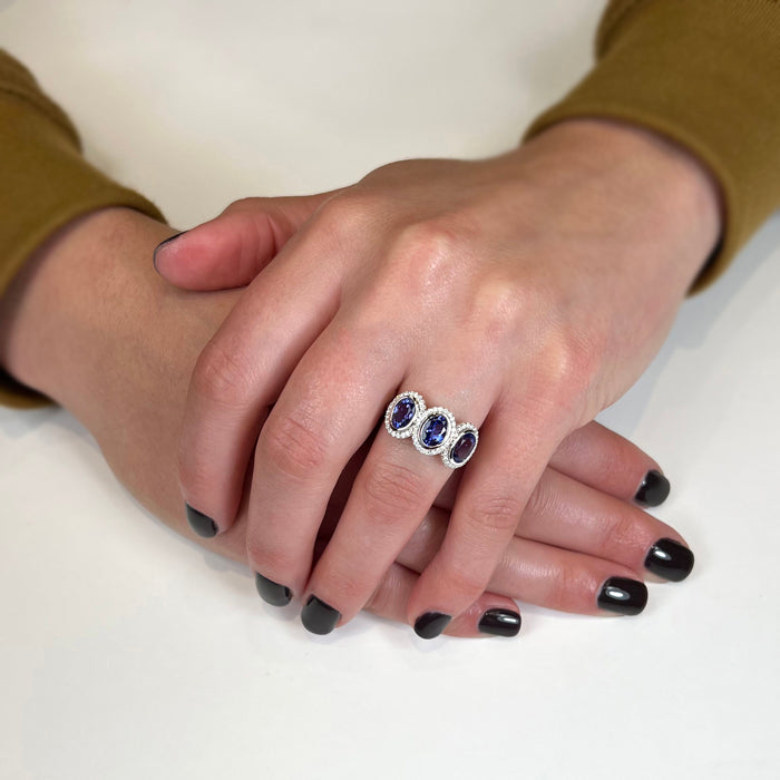 14K White Gold Three Stone Tanzanite Diamond Halo Ring 2.70 Carats