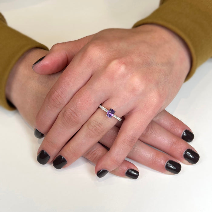 14K White Gold Oval Purple Sapphire and Diamond Ring 1.31 Carats