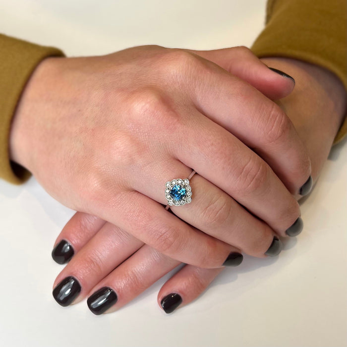 14K White Gold Blue Step Cushion Montana Sapphire and Diamond Ring Carats