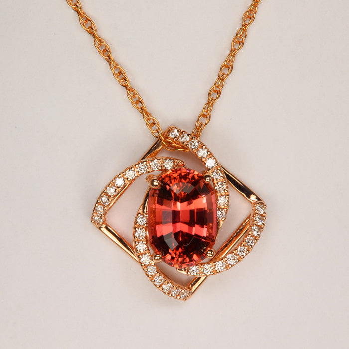 14K Rose Gold Oval Tourmaline and Diamond Pendant 4.0cts