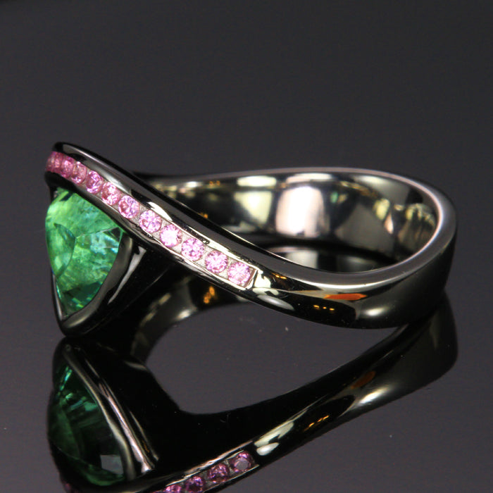 14K Whte Gold Green Trilliant Tourmaline Ring with Pink Sapphires