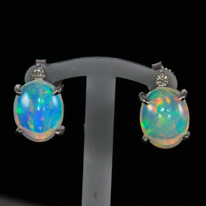 14K White Gold Opal Stud Earrings with Diamond Accent 2.51 Carats
