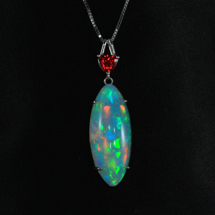  White Gold Cabochon Opal Pendant with Trilliant Spinel 