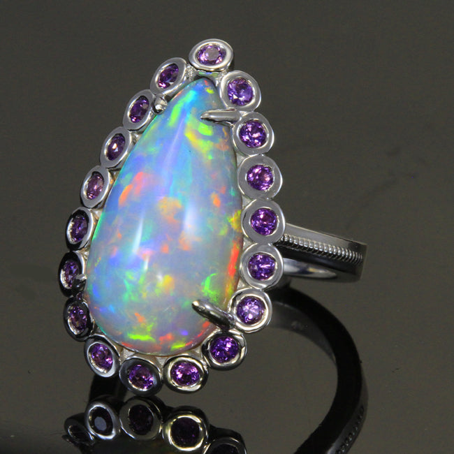 Opal and Amethyst Ring in 14 Karat White Gold