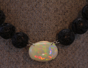14K White Gold Welo Opal & Lava Rock Pendant