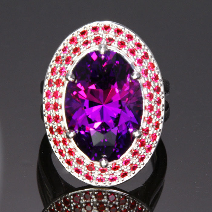 White Gold Oval Amethyst and Ruby Ring