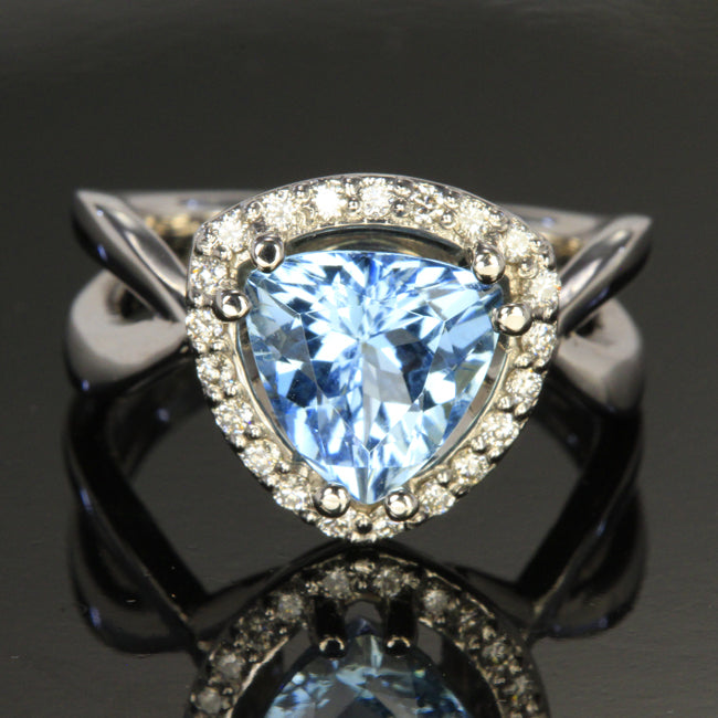 14K White Gold Trillant Shape Aquamarine and Diamond Ring
