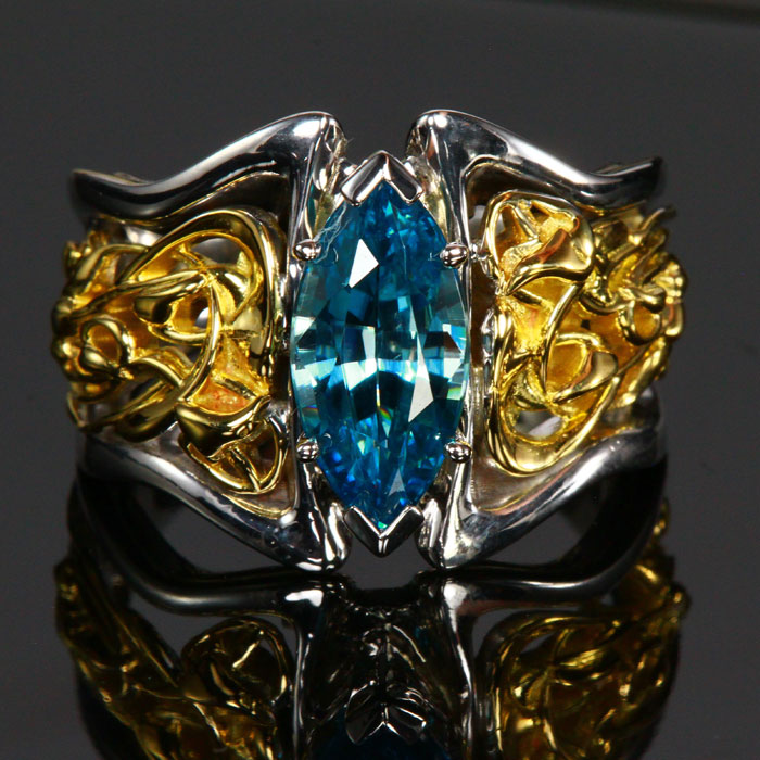 14K White and 18K Yellow Gold Blue Zircon Ring designed by Christopher Michael