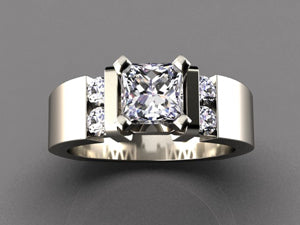 Wide band engagement ring for round or princess diamond center 