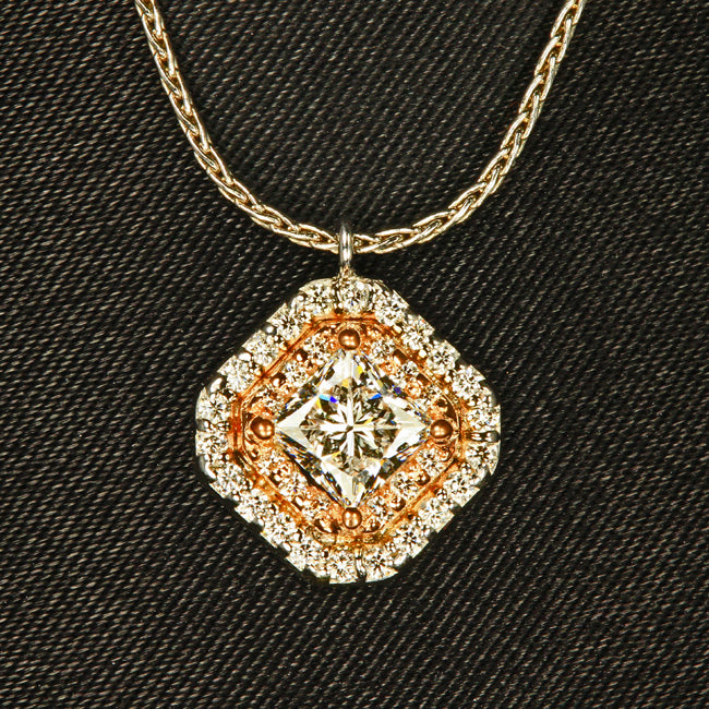 14K White & Rose Gold One Carat Total Weight Princess Cut  Diamond Pendant