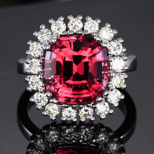 14K White Gold Pink Square Cushion Tourmaline with Fine Diamonds Ring Front