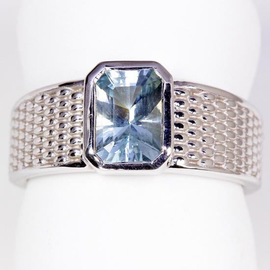 14K White Gold Barion Style Emerald Cut Aquamarine Ring 