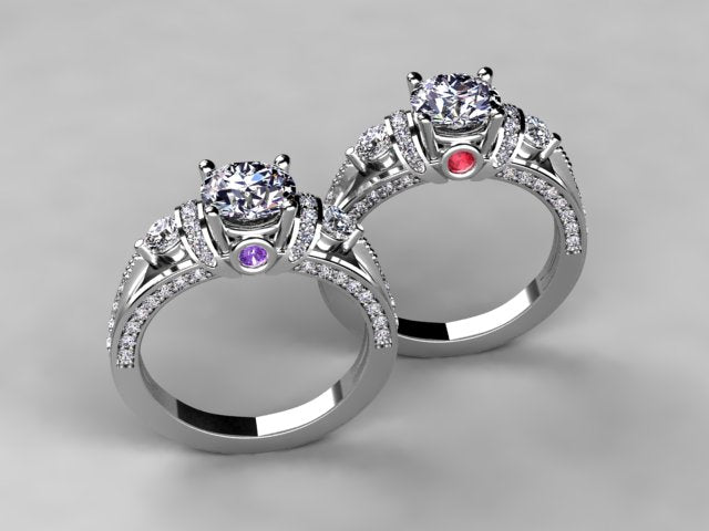 Diamond Engagement Ring For Round or Princess Diamond With Color Accent (Mounting Only)