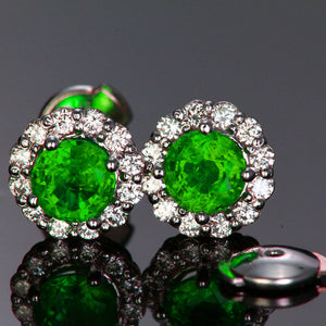 14K White Gold Halo Emerald Stud Earrings 1.28 Carats