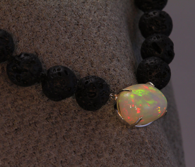 14K White Gold Welo Opal & Lava Rock Pendant