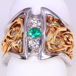 14K White Gold and 18K Yellow Gold Emerald and Diamond Ring