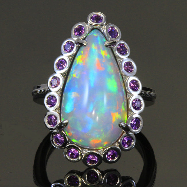 Opal and Amethyst Ring in 14 Karat White Gold