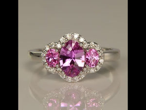 14K White Gold Three Stone Pink Sapphire and Diamond Halo Ring 1.12cts