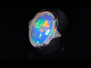 14K White Gold Oval Cabochon Welo Opal and Diamond Ring Designed by Christopher Michael