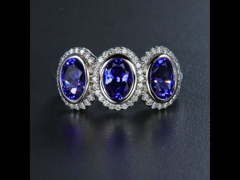 14K White Gold Three Stone Tanzanite Diamond Halo Ring 2.70 Carats