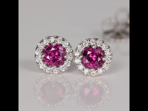 14k White Gold Purple Garnet with Diamond Halo Stud Earrings 1.03cts