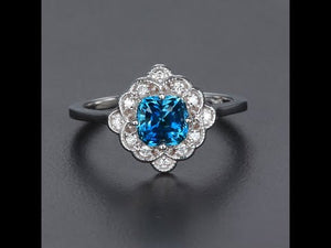 14K White Gold Blue Step Cushion Montana Sapphire and Diamond Ring 1.61 Carats