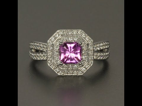 14k White Gold Pink Sapphire and Diamond Halo Ring .77 Carats