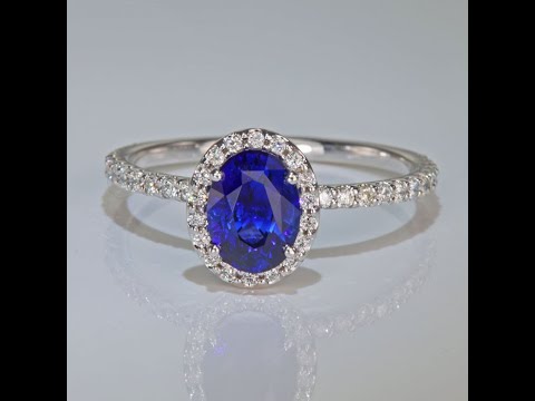 14K White Gold Oval Blue Sapphire and Diamond Halo Ring 1.38 Carats