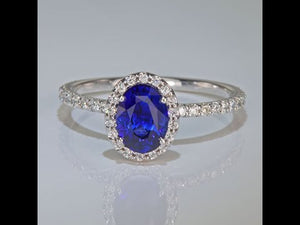 14k White Gold Oval Blue Sapphire and Diamond Halo Ring 1.38cts