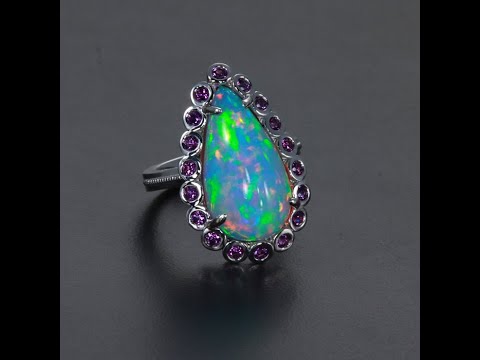 14K White Gold Pear Shaped Cabochon Opal and Amethyst Ring