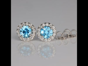 14K White Gold Blue Zircon and Diamond Halo Stud Earrings 1.55cts