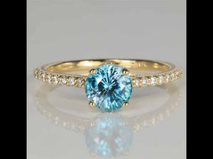 14K Yellow Round Blue Zircon Diamond Shank Ring 1.92cts